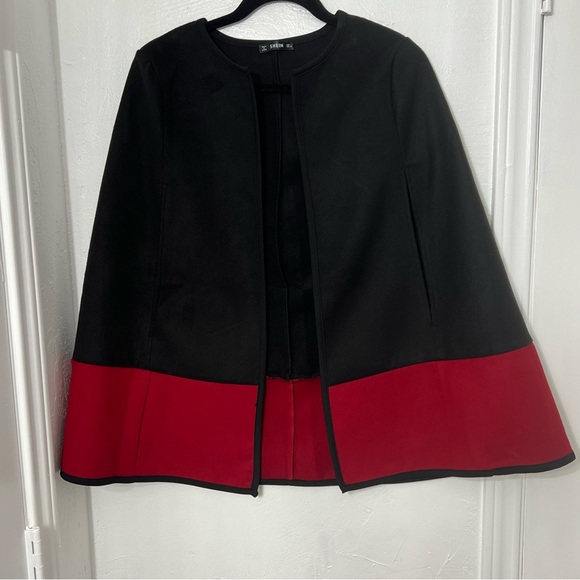 SHEIN Women's Color Block Open Front Cape, Cloak Sleeve, Black & Maroon, Size XS - Picture 2 of 7
